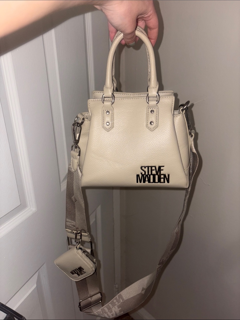 Steve Madden Beige Pebbled Mini Satchel with Detachable Strap